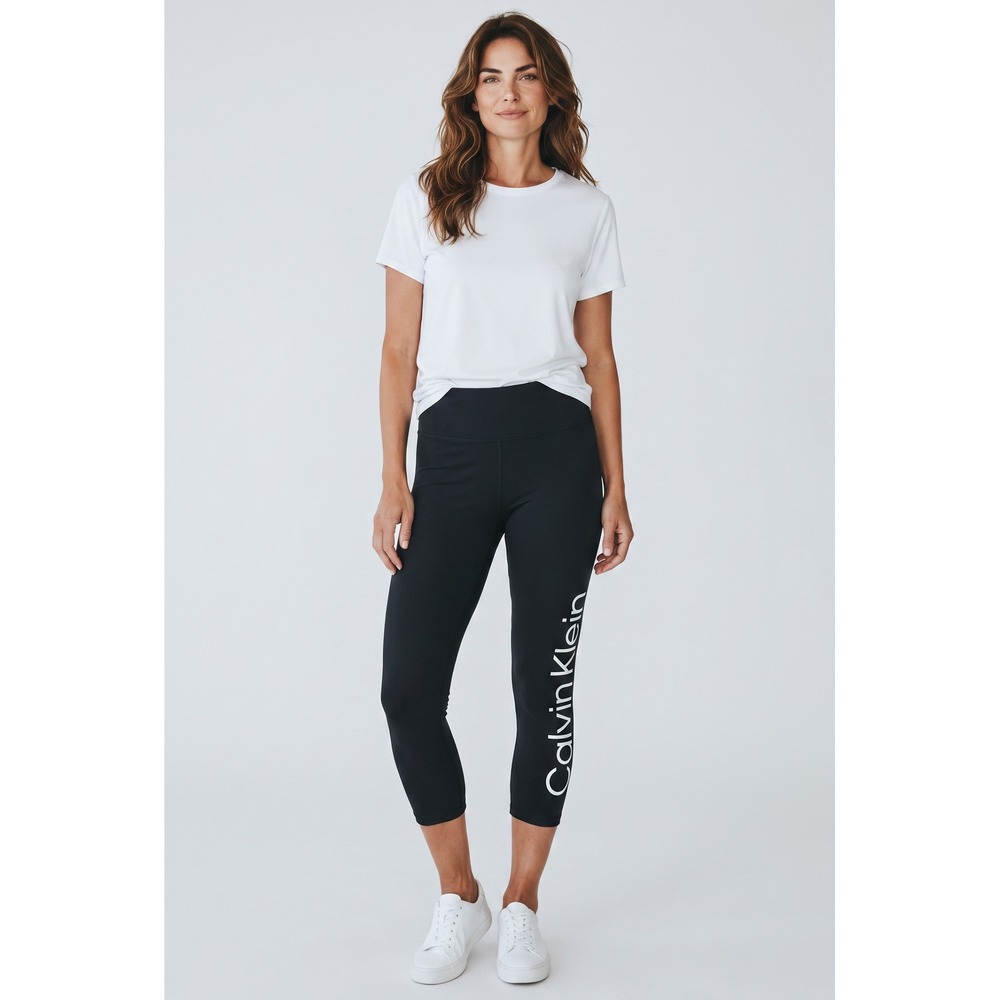 Calvin Klein Performance Black Capri Leggings Silver Logo High Waist Women XL